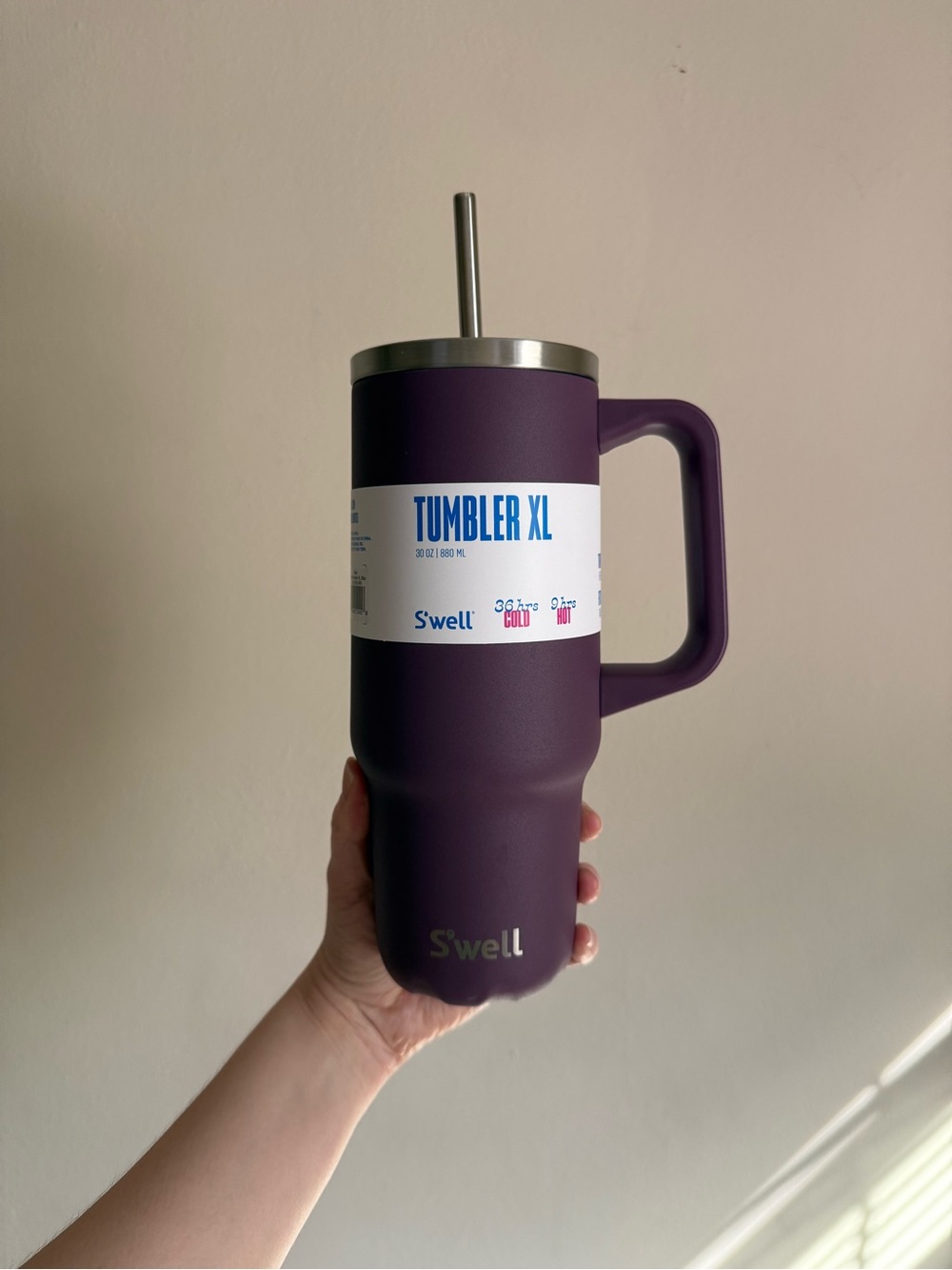 NEW S'well Recycled Stainless Steel Tumbler XL with Straw and Handle, 30oz, Plum